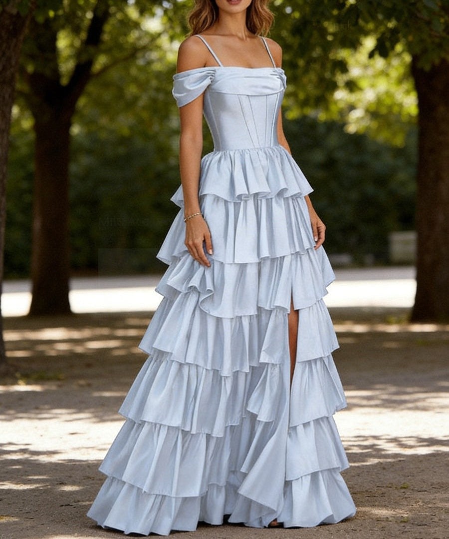 A-Line Spaghetti Straps Tiered Ruffled Satin Long Prom Dresses with High Split