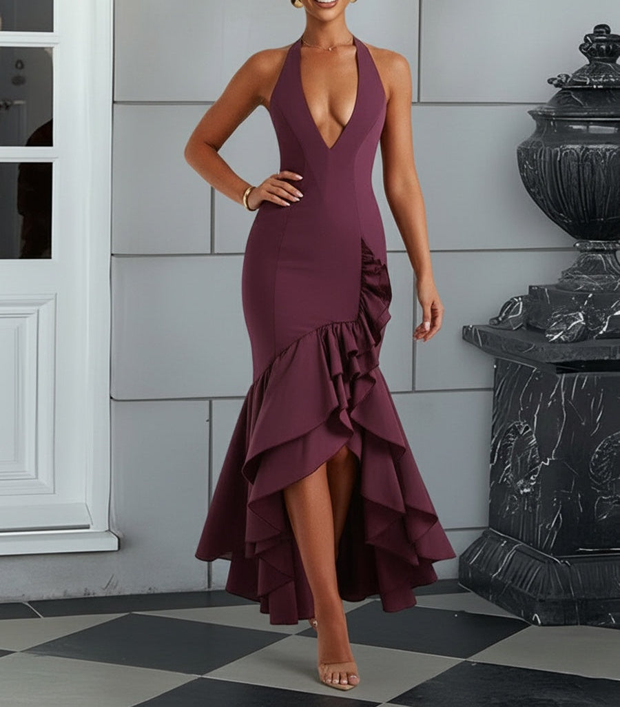 Bodycon Halter Hi-Lo Long Prom Dresses with Ruffle Slit