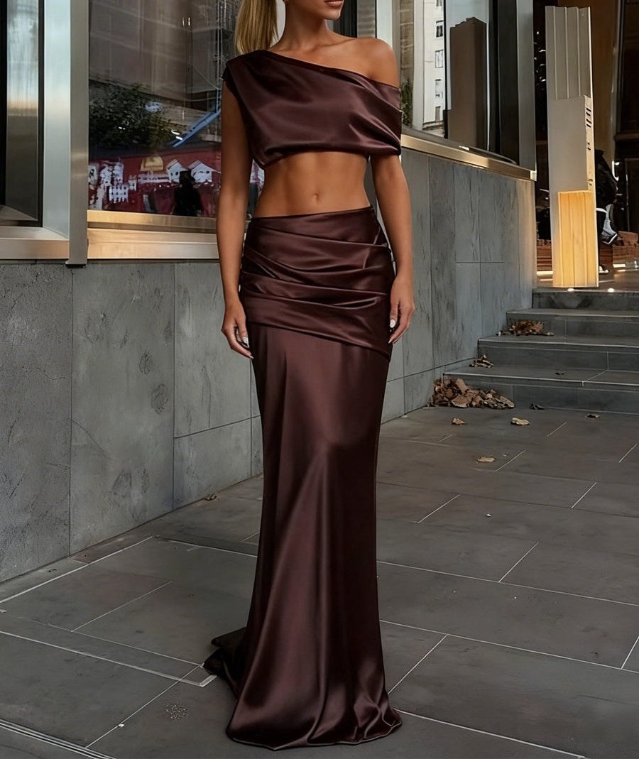 Elegant Mermaid/Trumpet Satin Two-Piece Set Floor-Length Prom Dresses