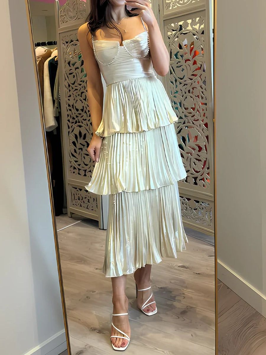 Sheath/Column Spaghetti Strap Tea-Length Prom Dresses with Tiered Satin