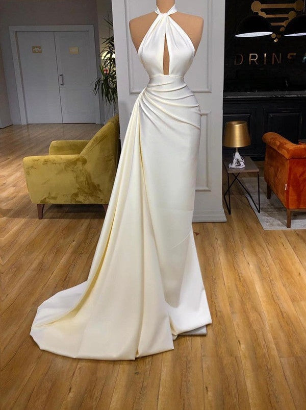 Ivory Halter Long Evening Prom Dress With Split Detachable Train