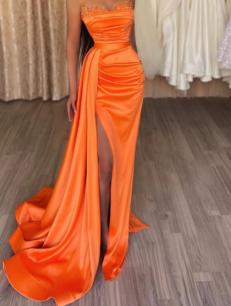 Orange Sweetheart Mermaid Prom Dress Long Split With Sequins