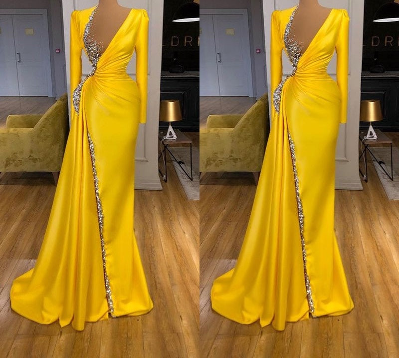 Bright Yellow V-neck Metallic Sequin Long sleeves Prom Dress