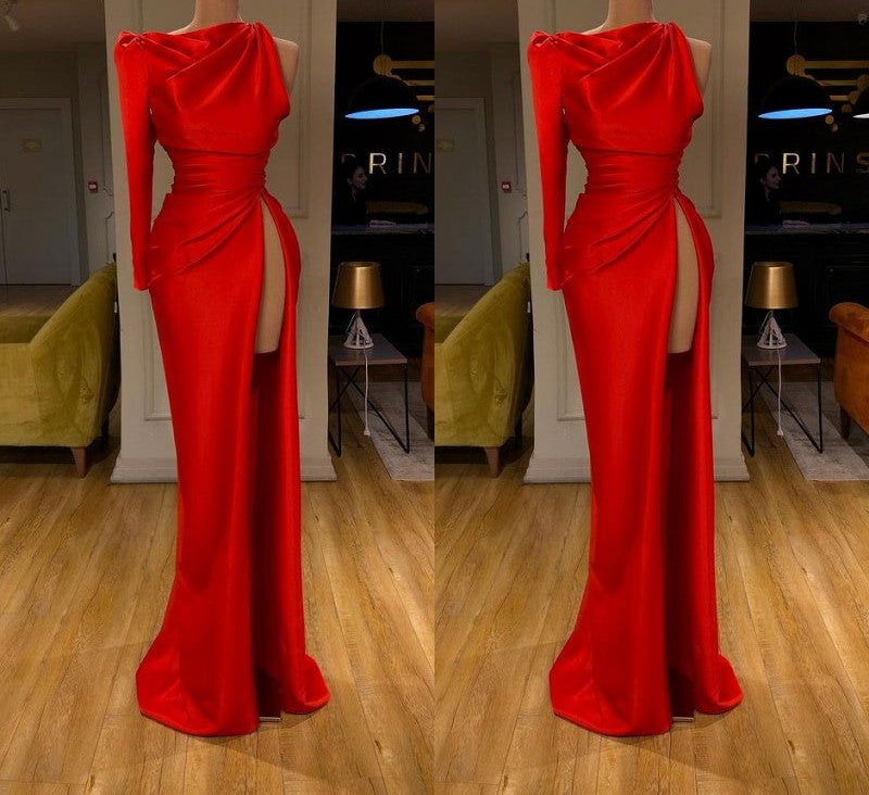 One-shoulder Long sleeves High-split Soft pleated Red Prom Dress