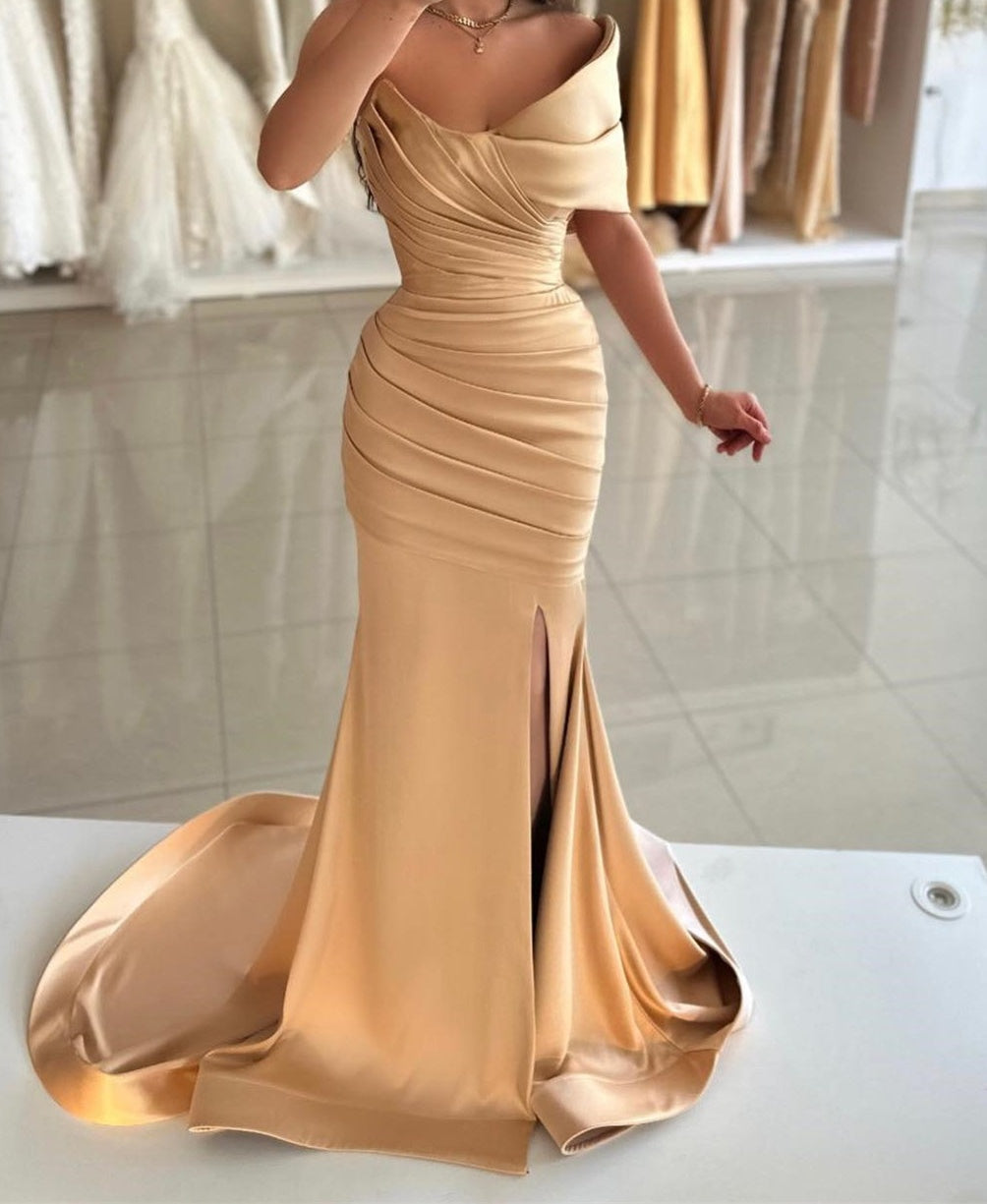 ombreprom One Shoulder Champagne Prom Dress Mermaid Slit Long