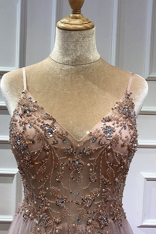 Glamorous V-neck Spaghetti-Straps Tulle Prom Dress Beadings Long Evening Gowns