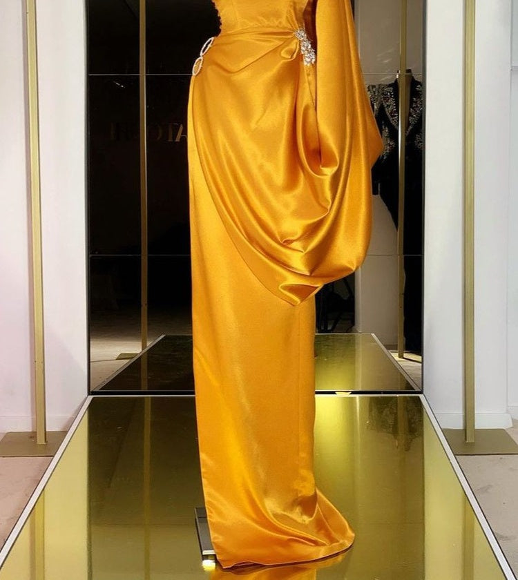 Designer Yellow Gold One Shoulder Long Evening Prom Dress With Ruffles