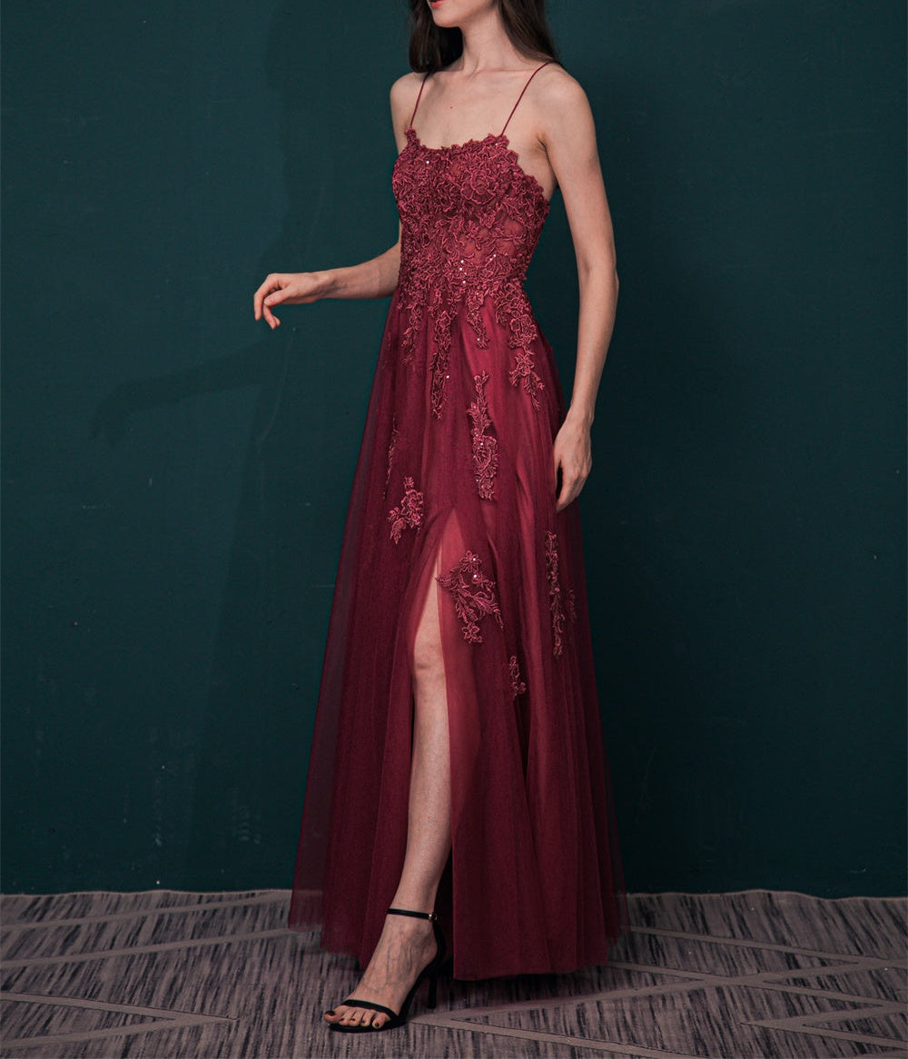 Burgundy Spaghetti Strap Lace Appliques High split Prom Dress