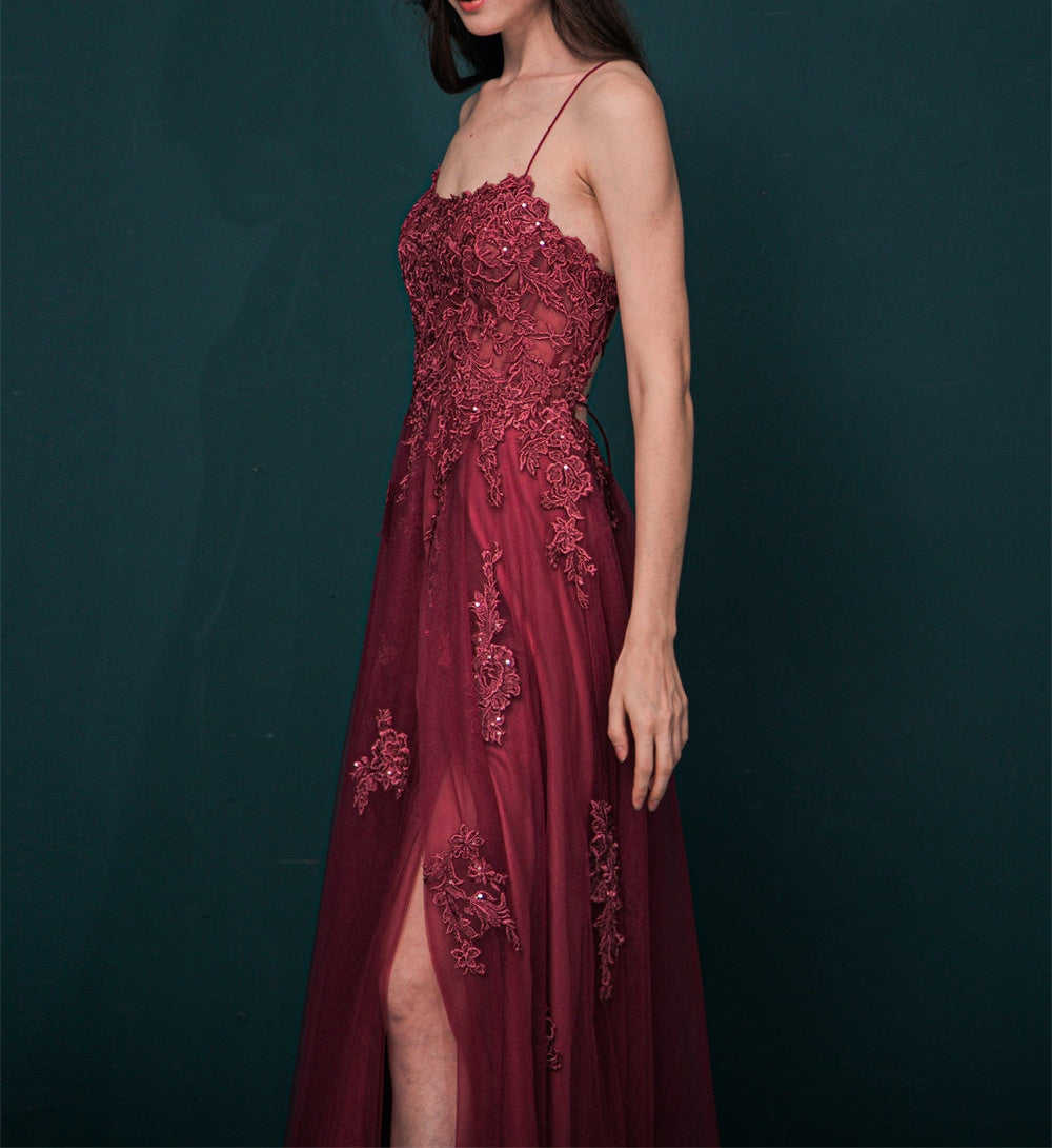 Burgundy Spaghetti Strap Lace Appliques High split Prom Dress