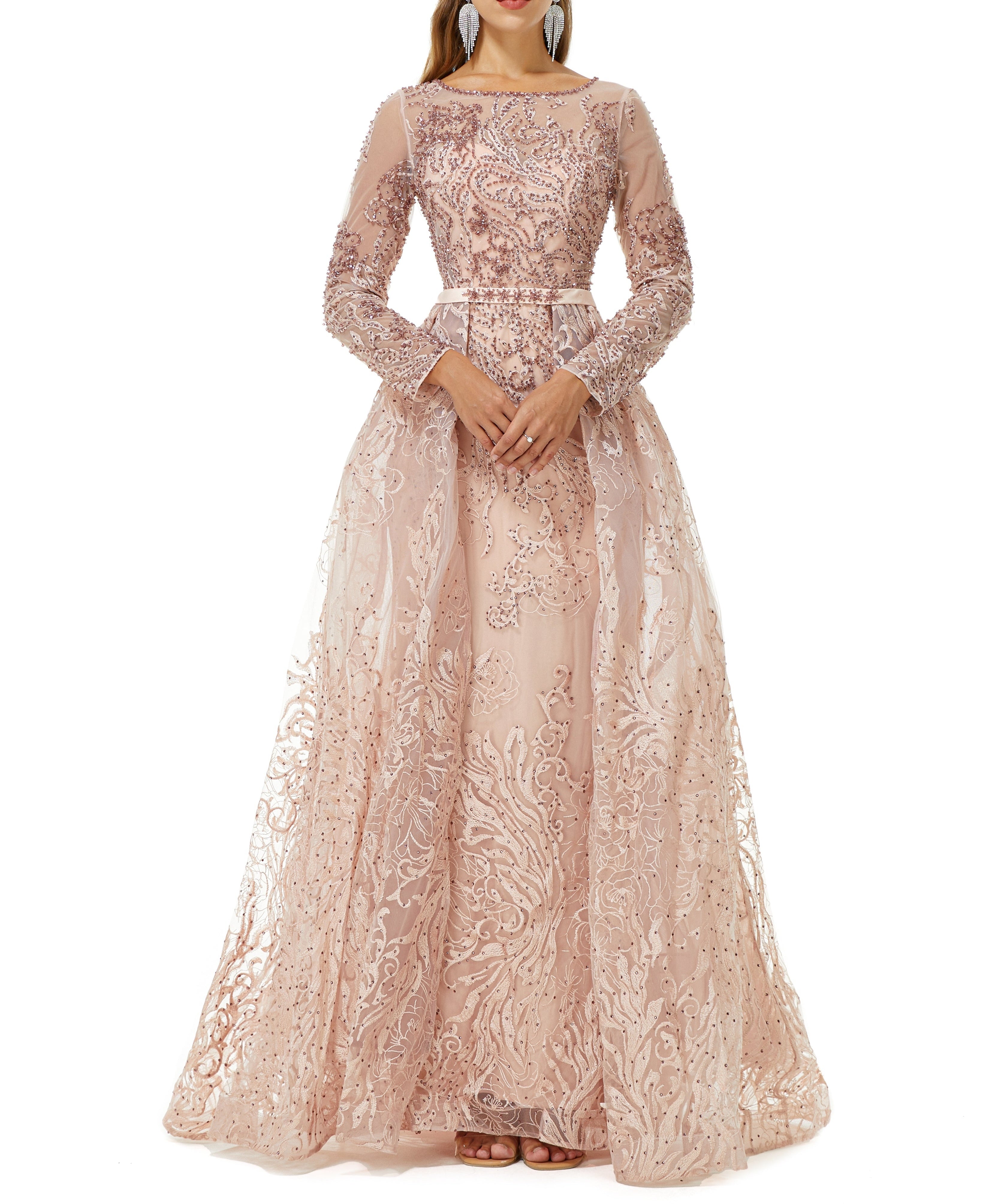 ombreprom Design | Sparkle Beaded Mermaid Long sleeves Prom Dresses with Overskirt