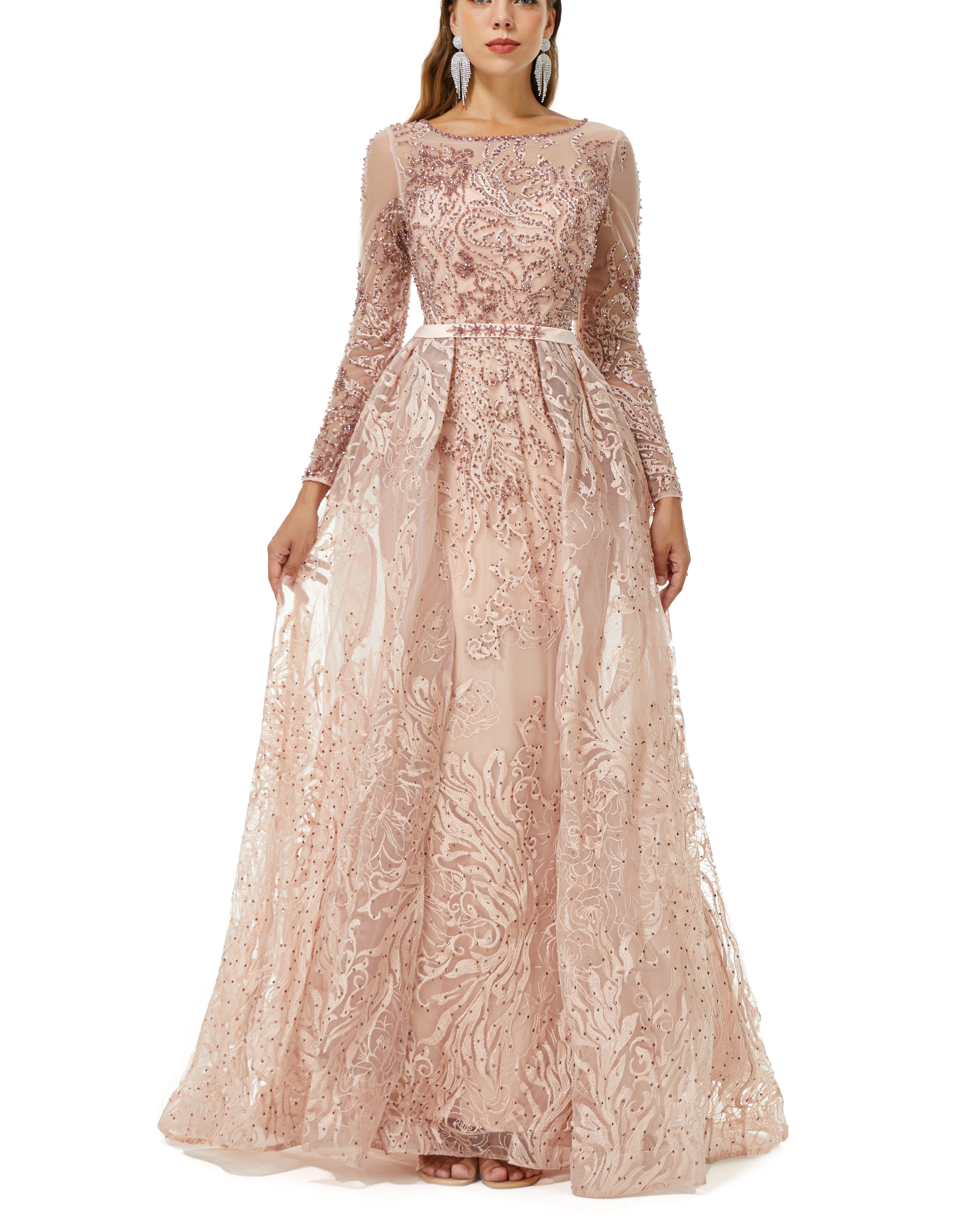 ombreprom Design | Sparkle Beaded Mermaid Long sleeves Prom Dresses with Overskirt