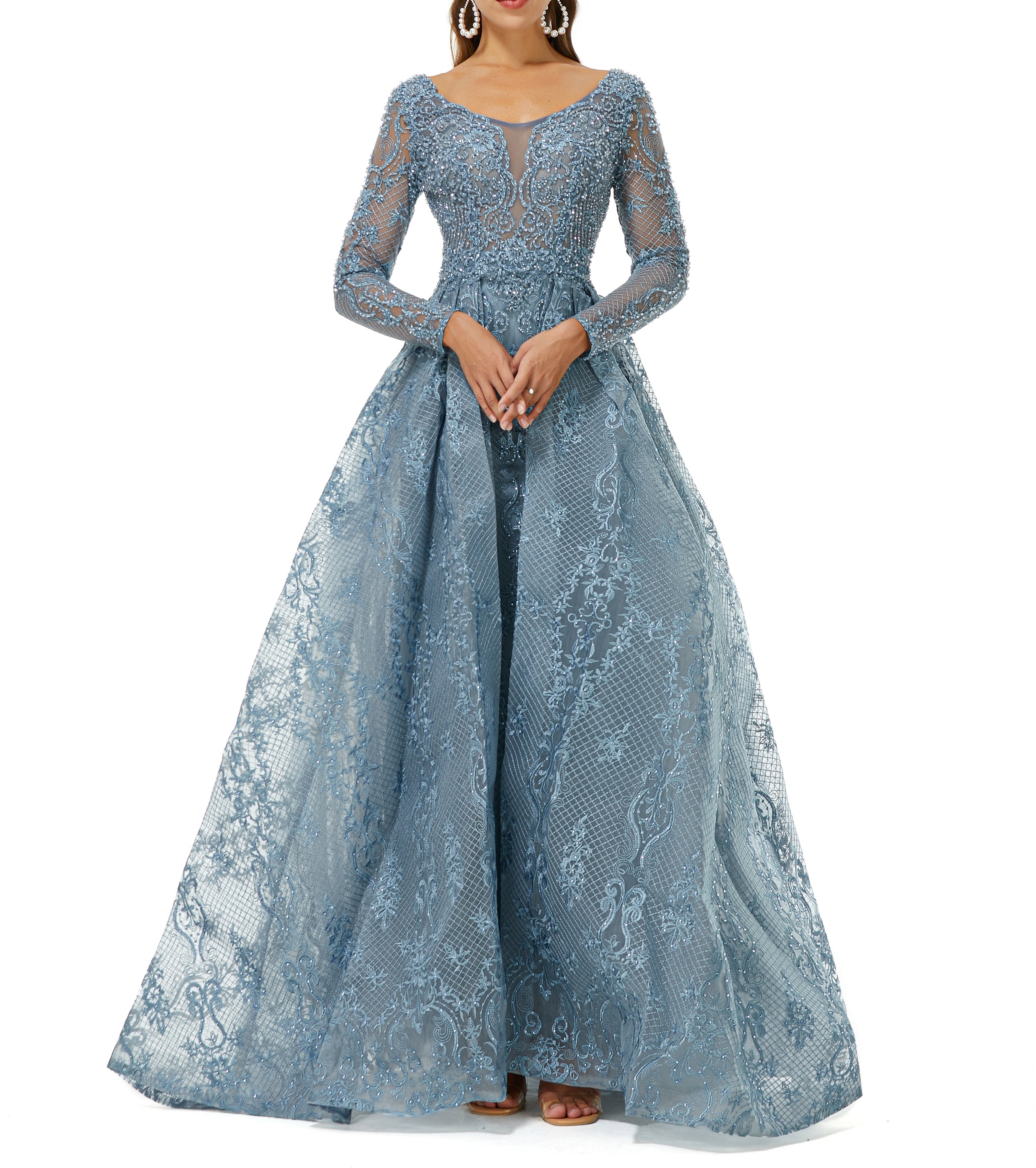 ombreprom Design | Sparkle Dusty Blue Beaded Mermaid Long sleeves Prom Dresses with Overskirt
