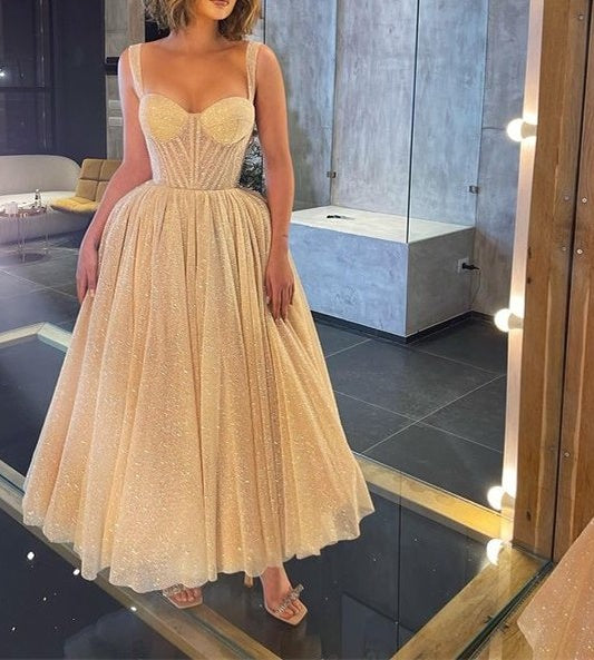 Shinning Straps Sweetheart Prom Dress Sequins Midi Length Sleeveless