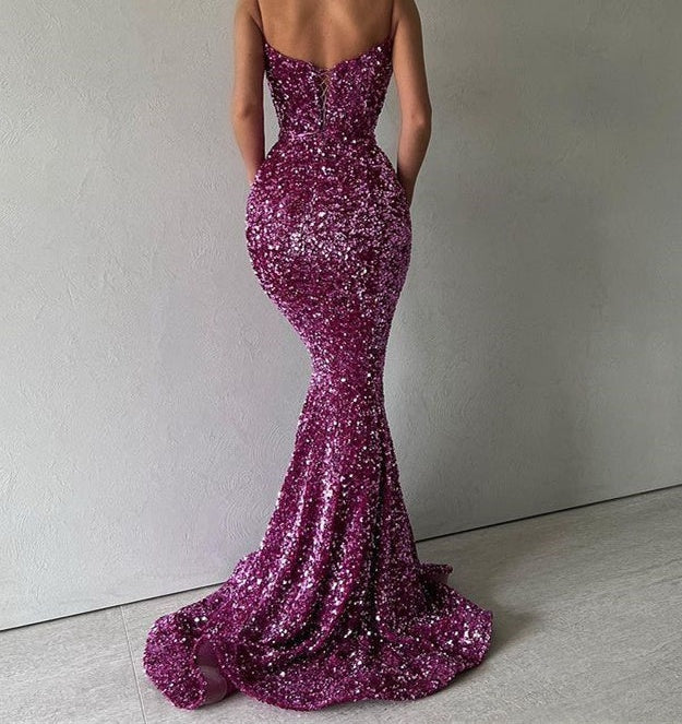 Sparkle Purple Spaghetti Strap Sequin Mermaid Long Prom Dresses