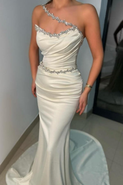 ombreprom Designer Mermaid Long White Prom Dresses One-Shoulder Sleeveless