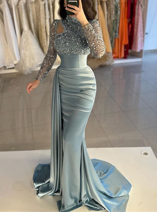 ombreprom Dusty Blue Long Sleeves Prom Dress Mermaid With Sequins High Neck