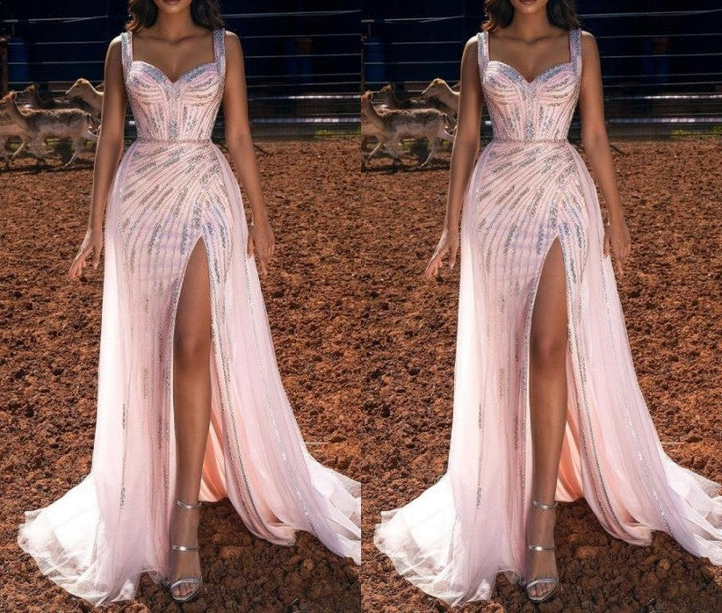 Pink Straps Sweetheart Long Prom Dress Mermaid Ruffles Evening Gowns With Slit