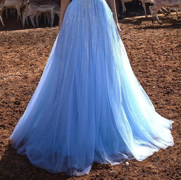Blue Halter Beadings Long Prom Dress Tulle Evening Party Gowns