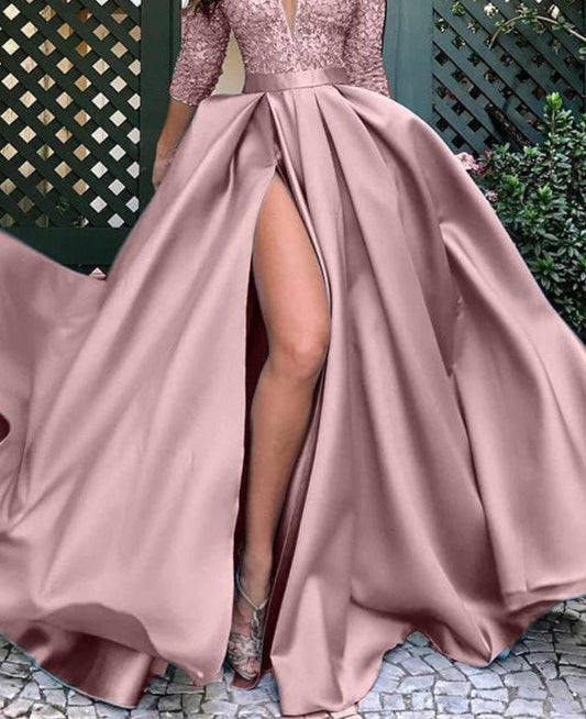 Glamorous 3/4 Sleeves Lace Prom Dress Long With Slit Online