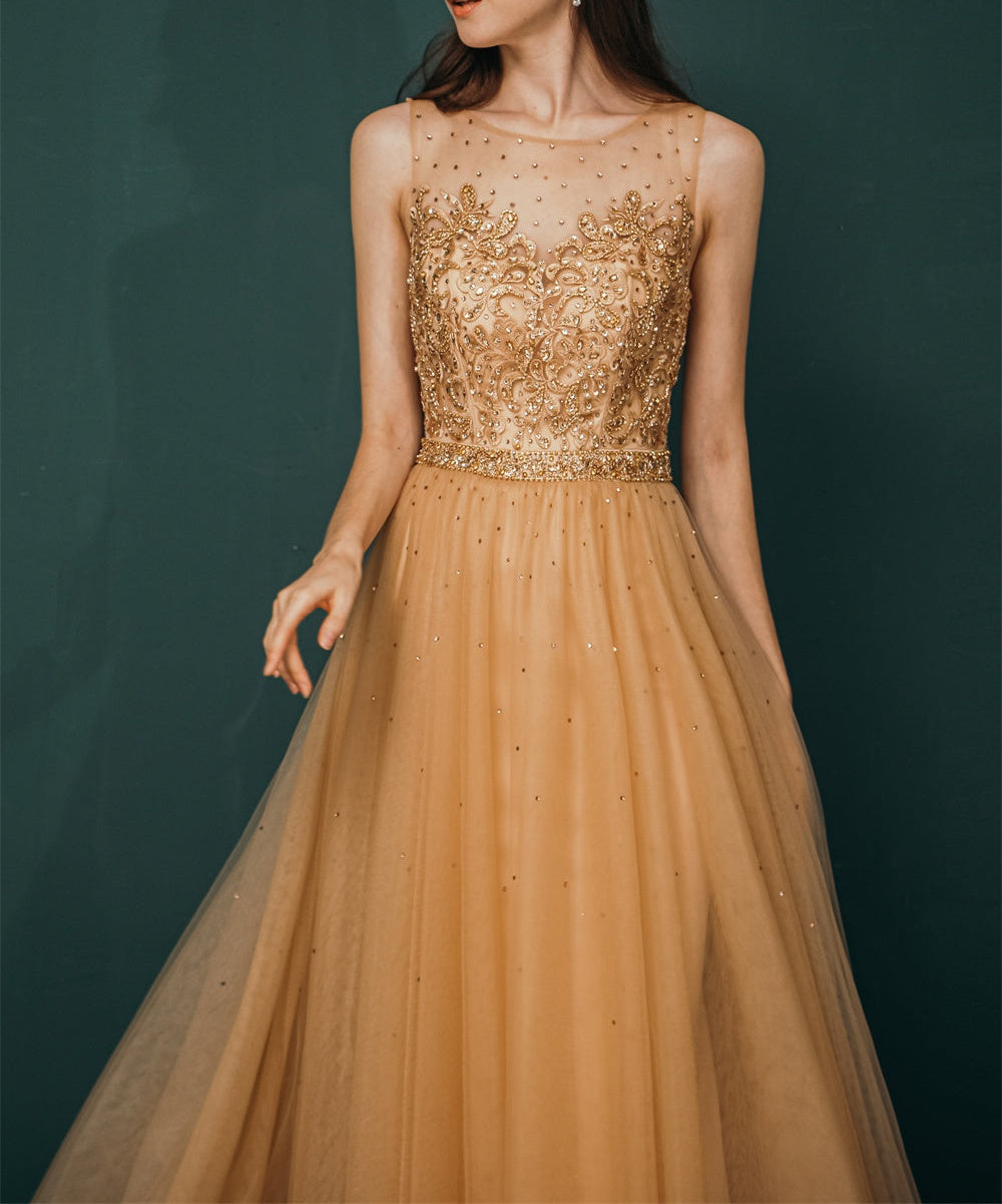 Gold Illusion neck Beaded Appliques Prom Dress