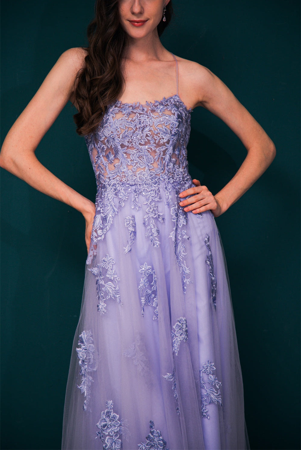 Lavender Spaghetti Strap Lace Appliques High split Prom Dress