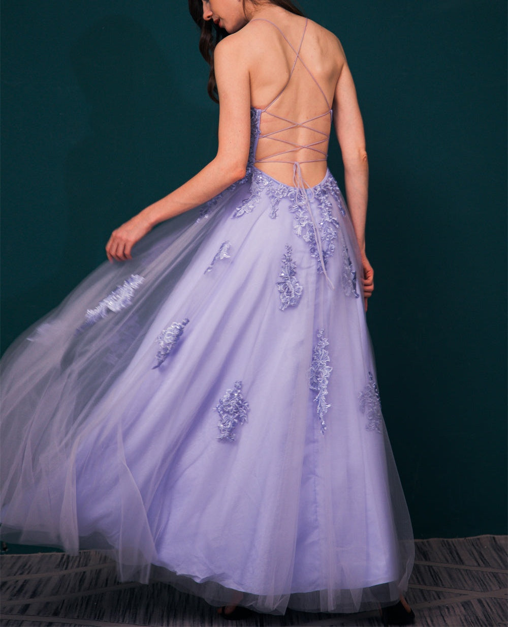 Lavender Spaghetti Strap Lace Appliques High split Prom Dress