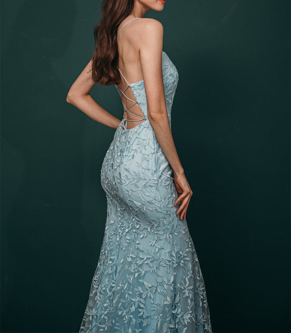 Sky blue Lace Criss-cross back Mermaid Prom Dress