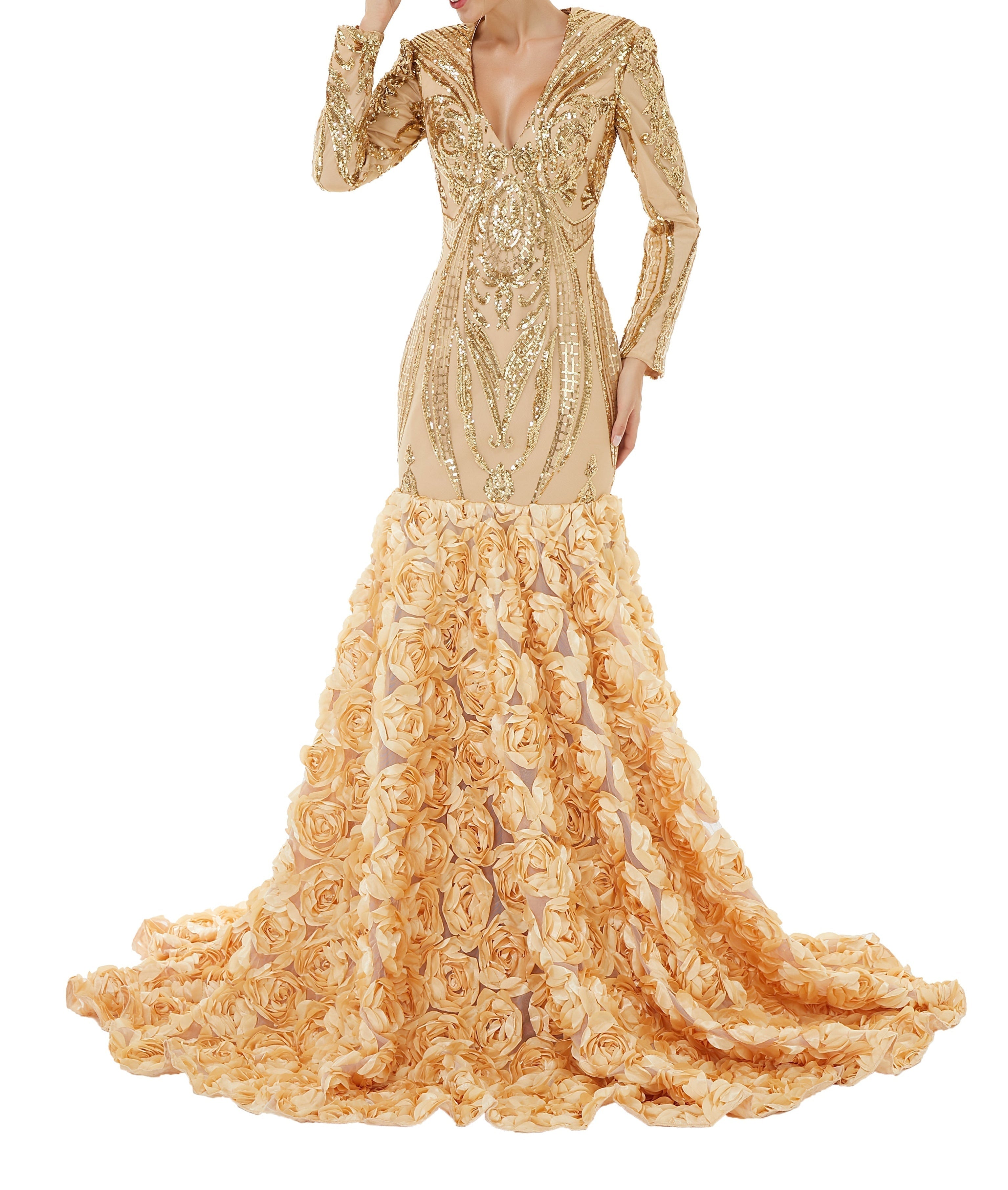 Sexy Sparkle Red Long sleeves V-neck Flowers Prom Dress | ombreprom Real Shooting