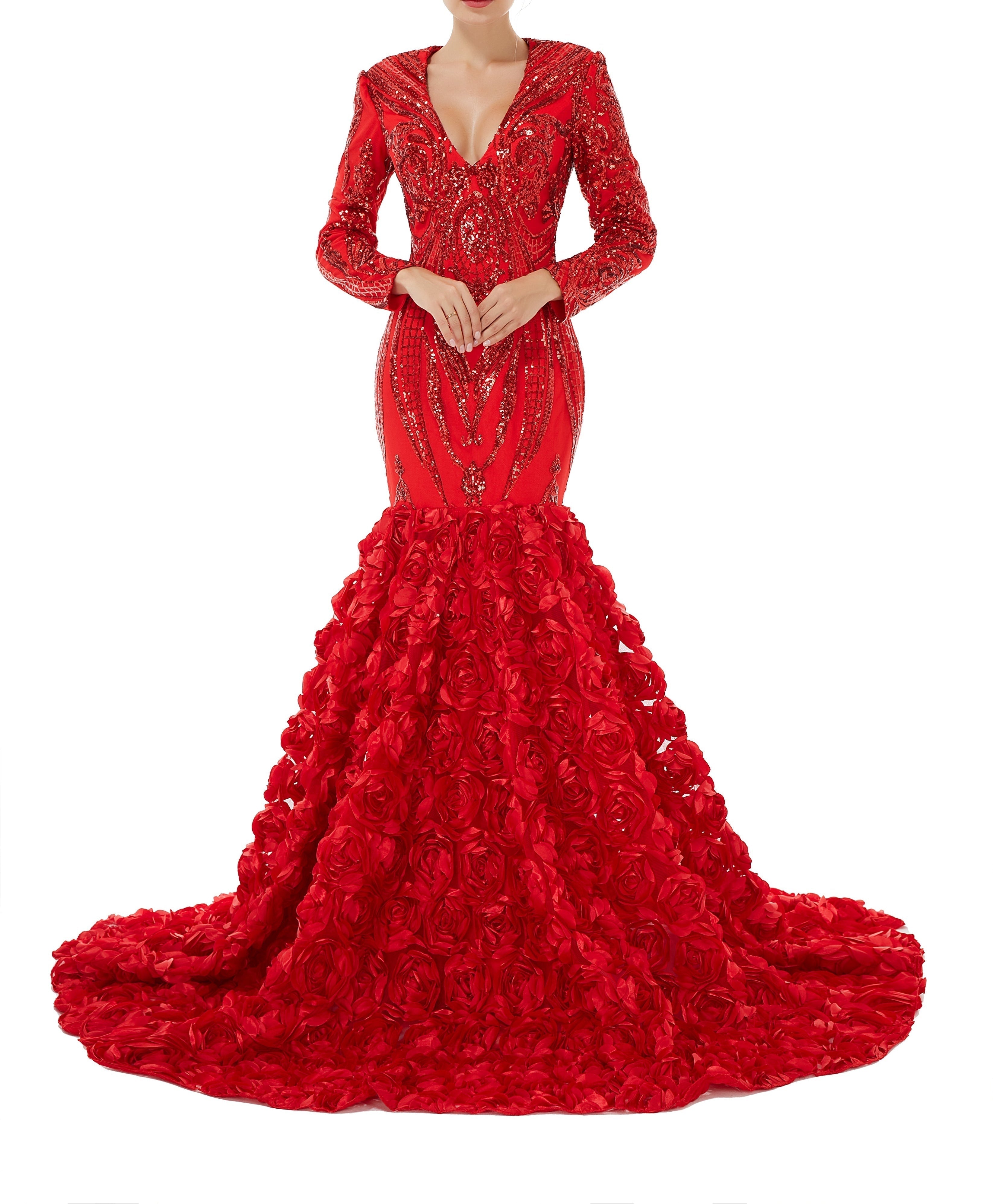Sexy Sparkle Red Long sleeves V-neck Flowers Prom Dress | ombreprom Real Shooting