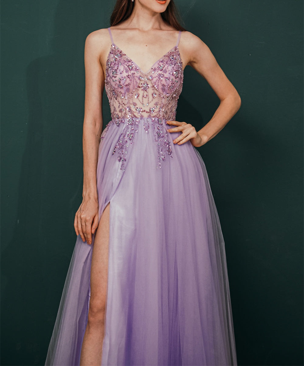 Sparkle Lilac Tulle High-split Spaghetti Strap Prom Dress