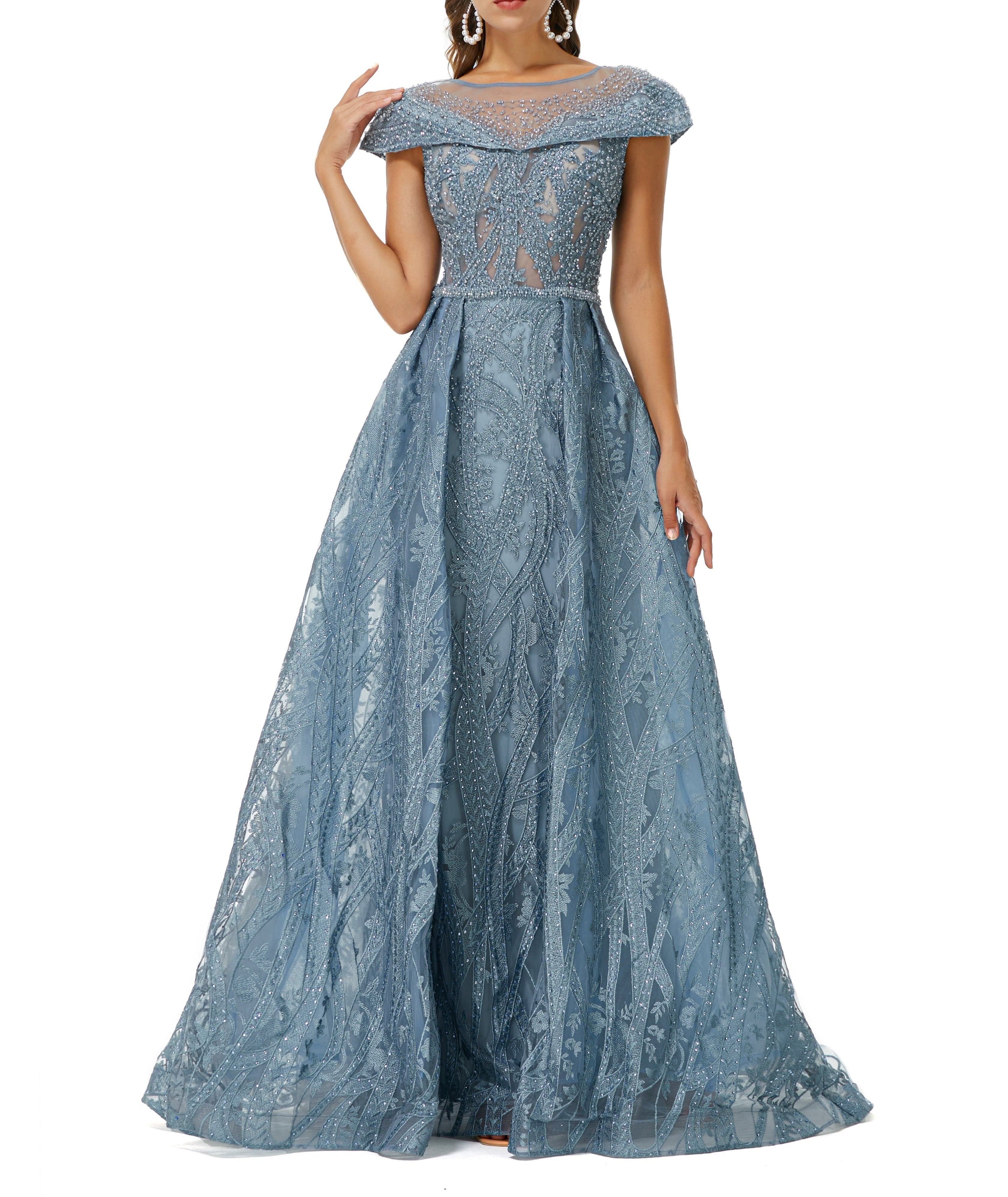 ombreprom Design | Sparkle Beaded Cap Sleeves Prom Dresses with Overskirt