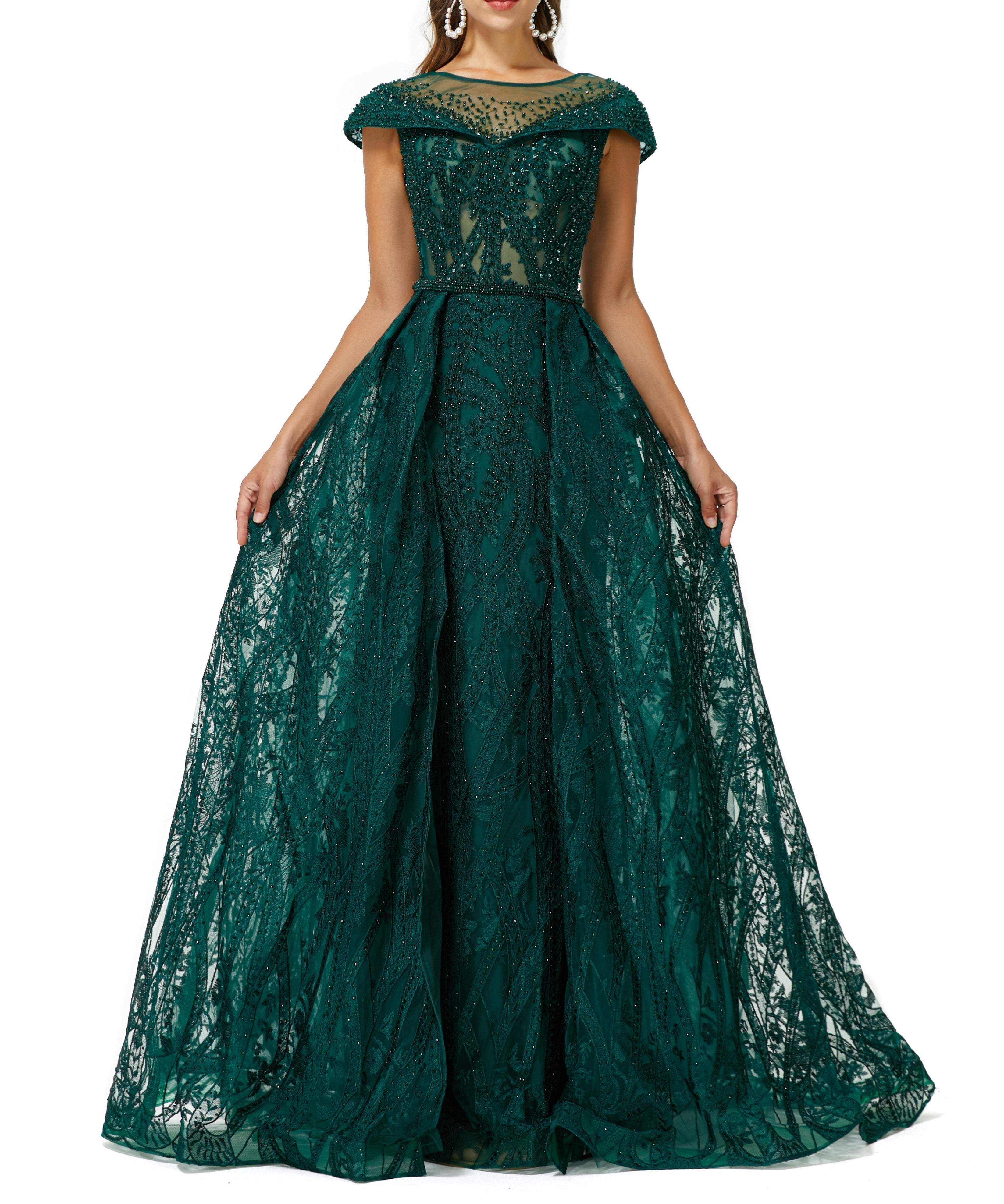 ombreprom Design | Sparkle Beaded Cap Sleeves Prom Dresses with Overskirt