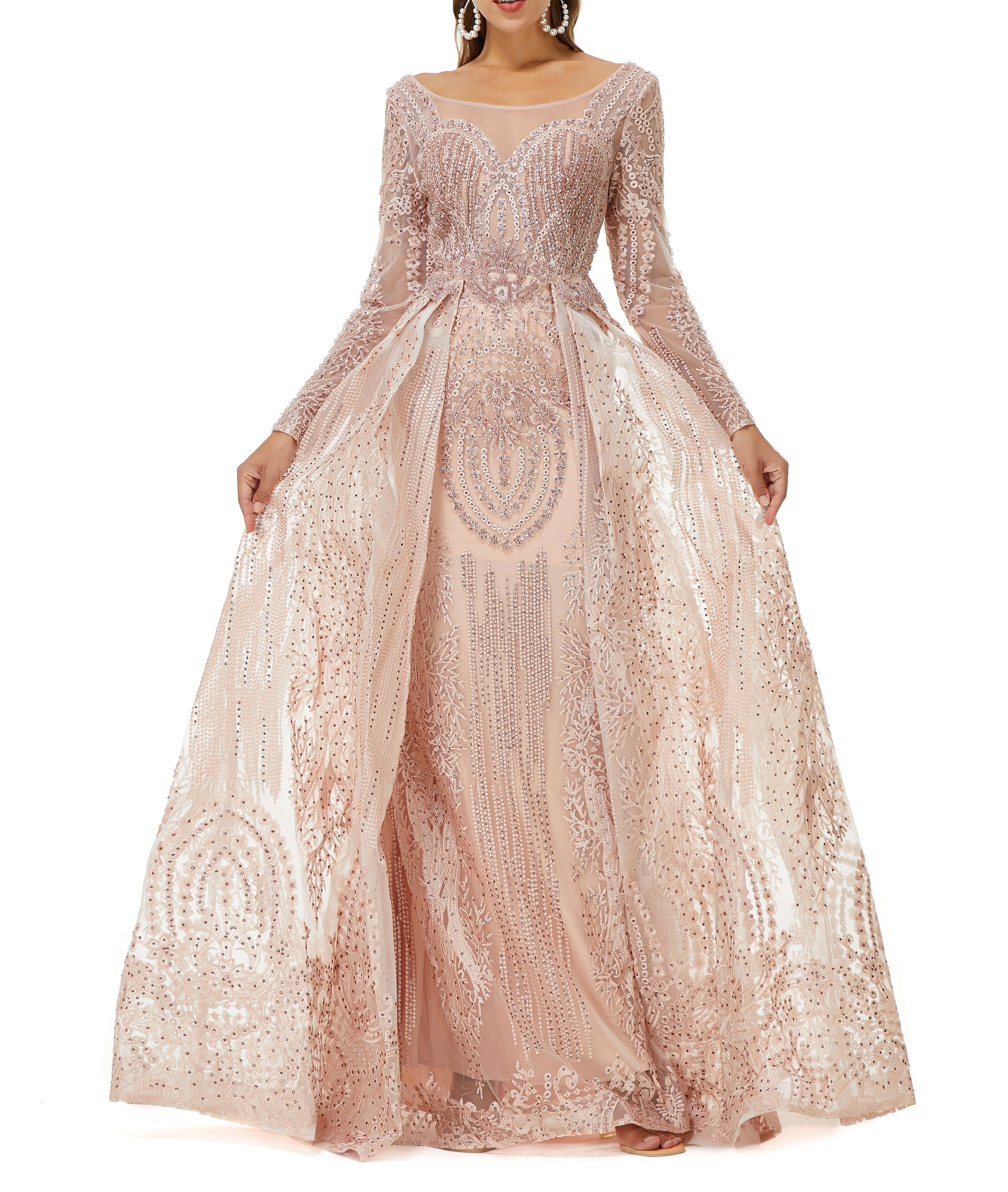 ombreprom Design | Champange Sparkle Beaded Long Sleeves Prom Dresses with Overskirt