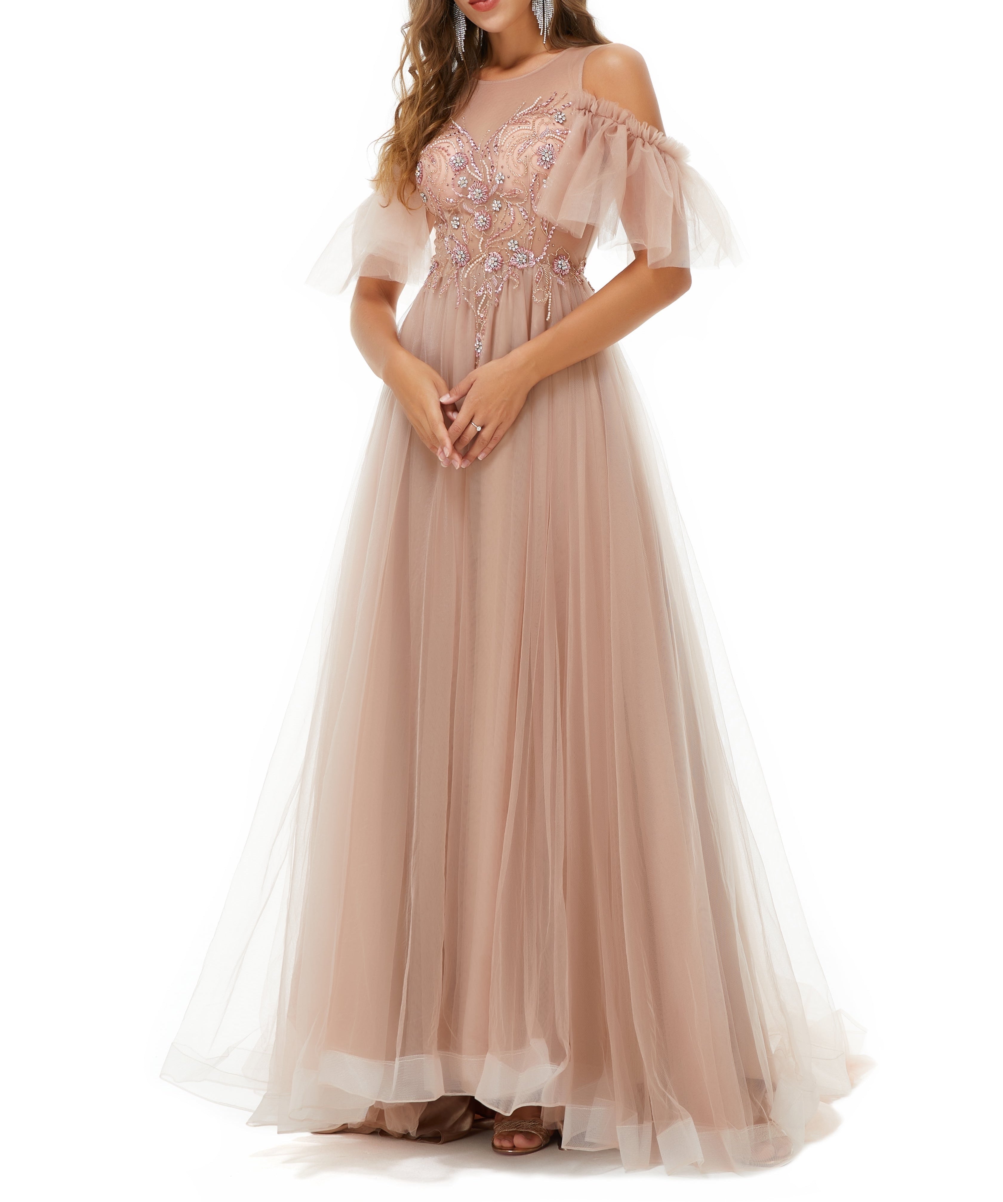 ombreprom Design | Sparkle Beaded Cool shoulder A-line Beaded Prom Dresses