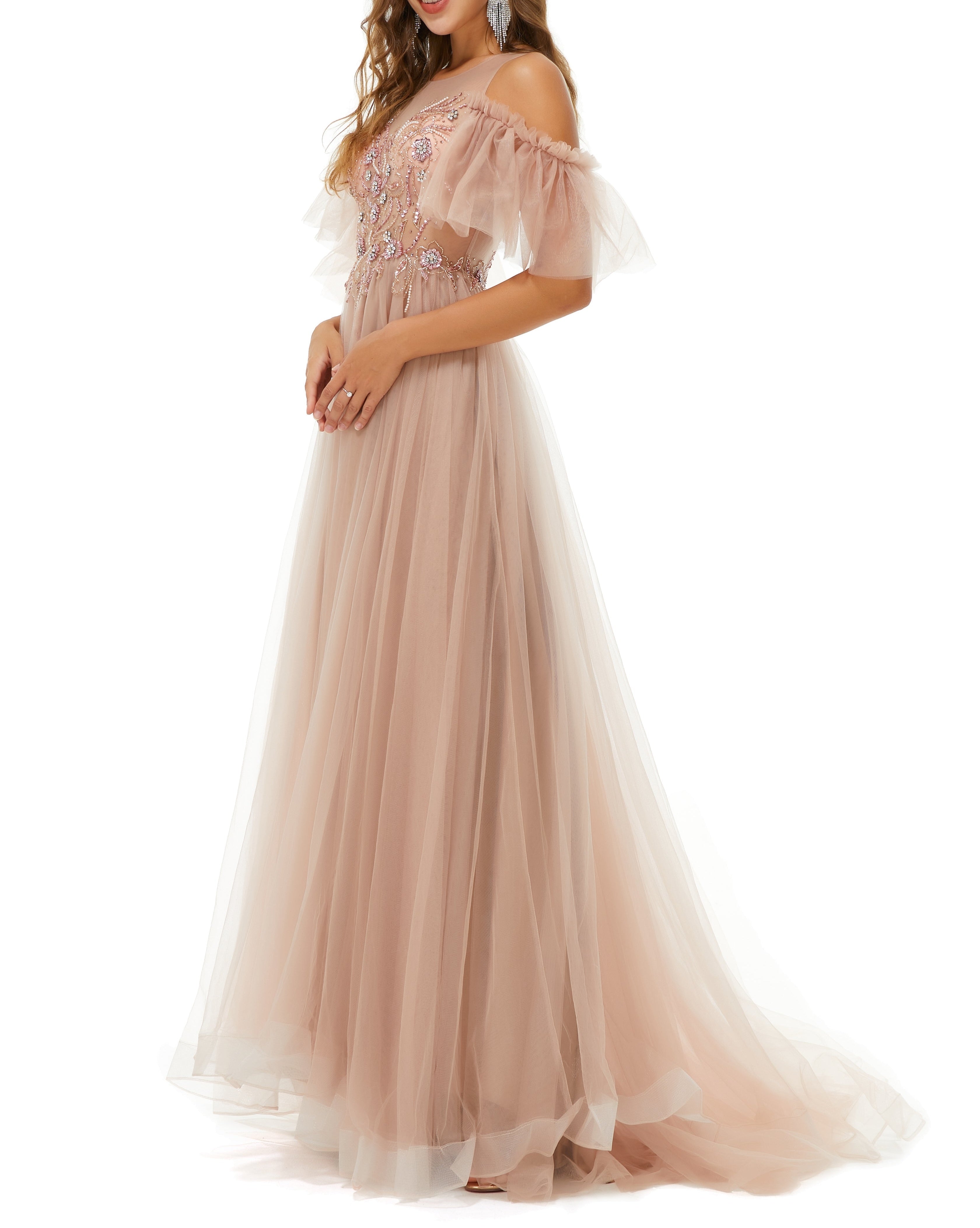 ombreprom Design | Sparkle Beaded Cool shoulder A-line Beaded Prom Dresses