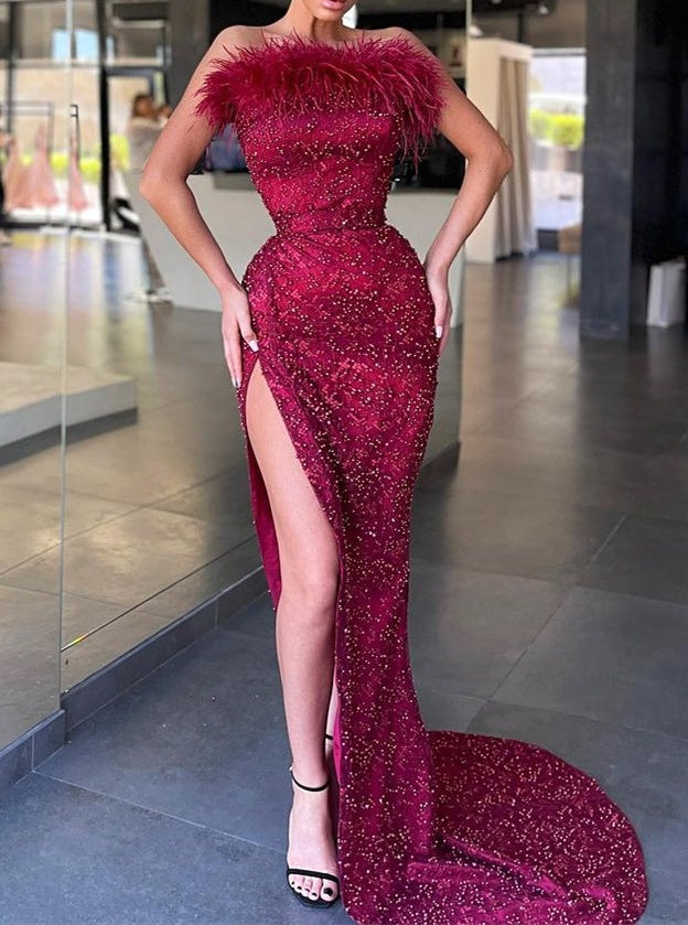 Burgundy Strapless Mermaid Prom Dress Slit With Sequins Beads Feather