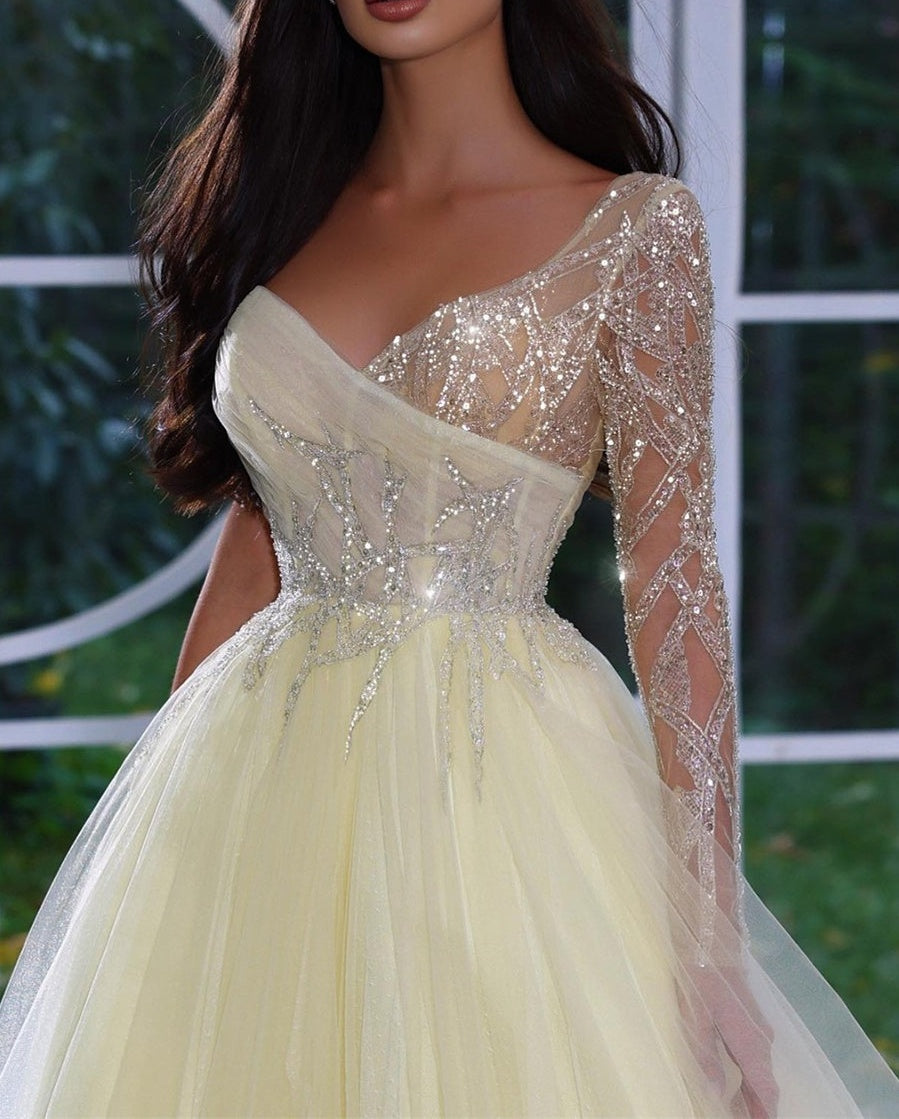 Charming A-line Long Sleeves Prom Dress With Beads Sequins