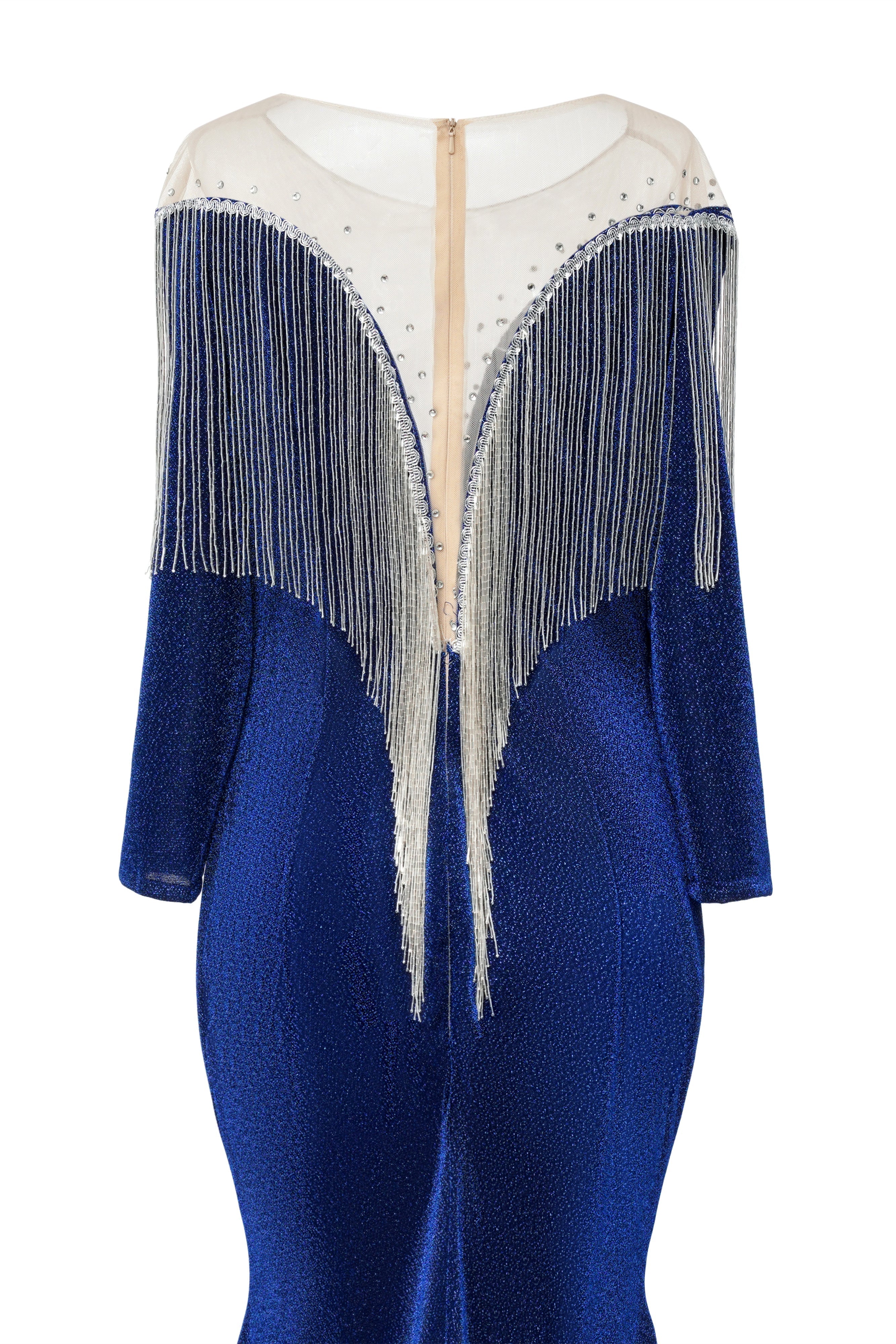Deep V-neck Shiny Royal Blue Long sleeves Mermaid Prom Dress