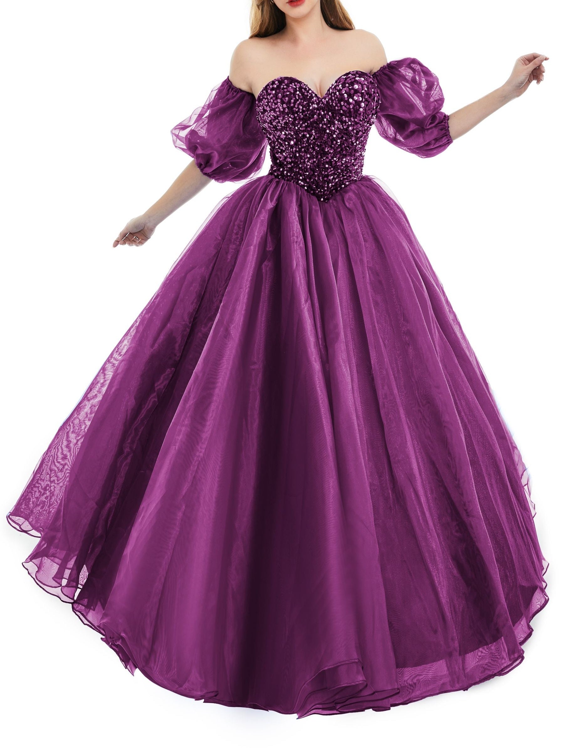 Sweetheart Royal Blue Bubble Sleeves Ball Gown Beaded Prom Dresses