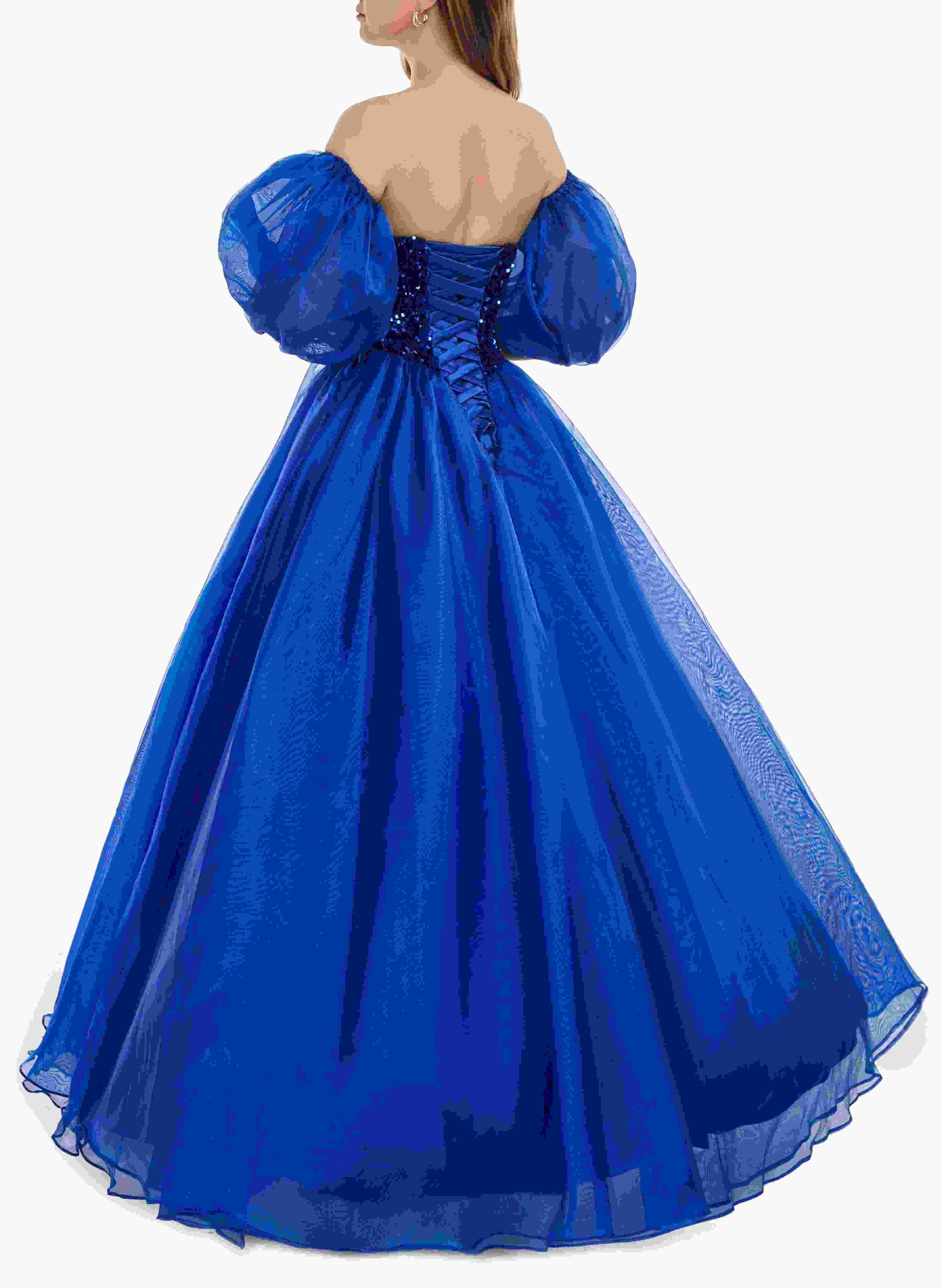 Sweetheart Royal Blue Bubble Sleeves Ball Gown Beaded Prom Dresses
