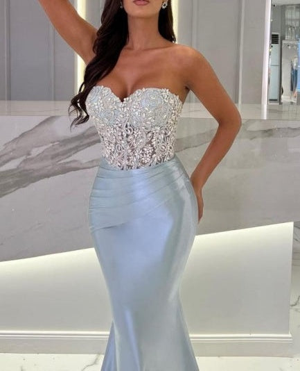 ombreprom Mermaid Sky Blue Stain Sleeveless Sweetheart Long Prom Dress with Beadings