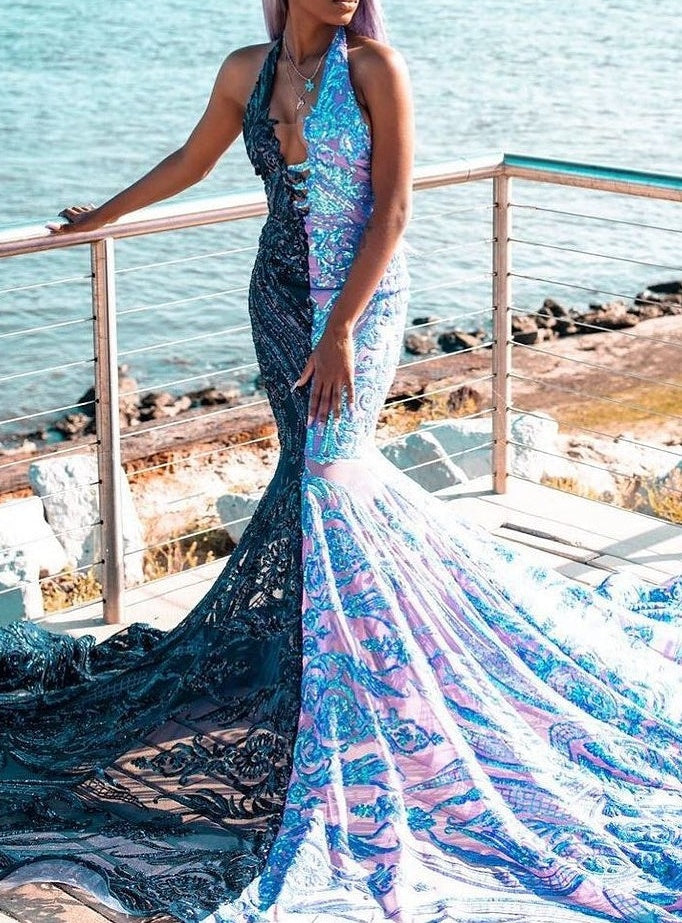 Halter V-neck Sleeveless Court Train Half Navy Blue Prom Dresses