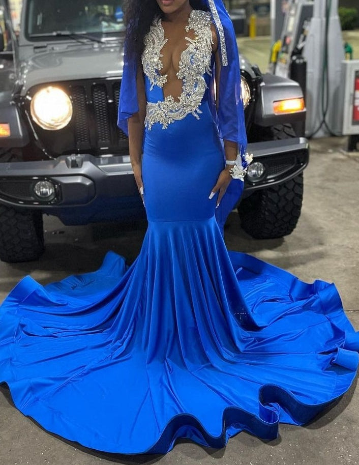 Royal Blue Deep V-neck Mermaid Court Train Long Prom Dresses