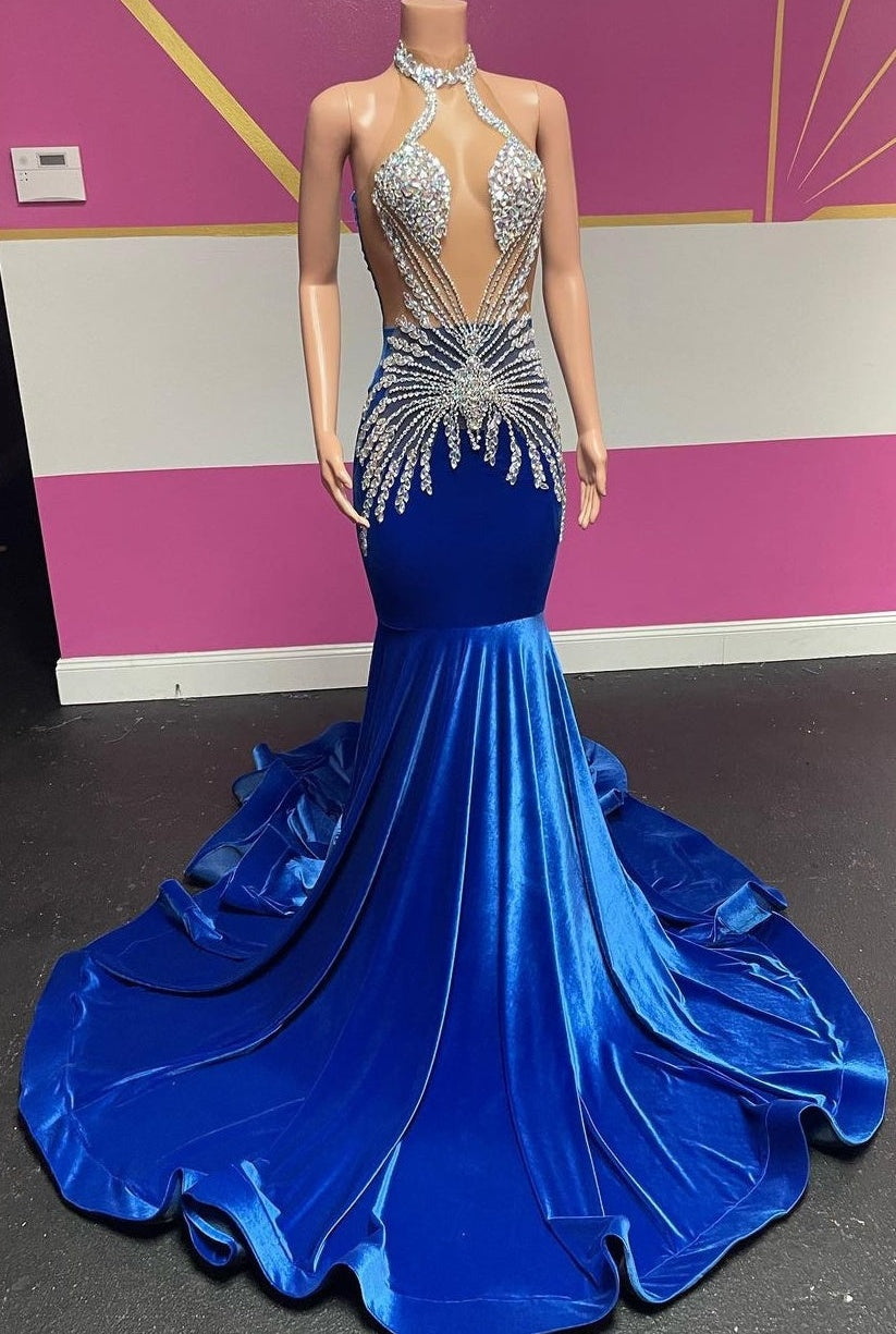 Royal Blue Halter Velvet Mermaid Silver Beaded Prom Dresses