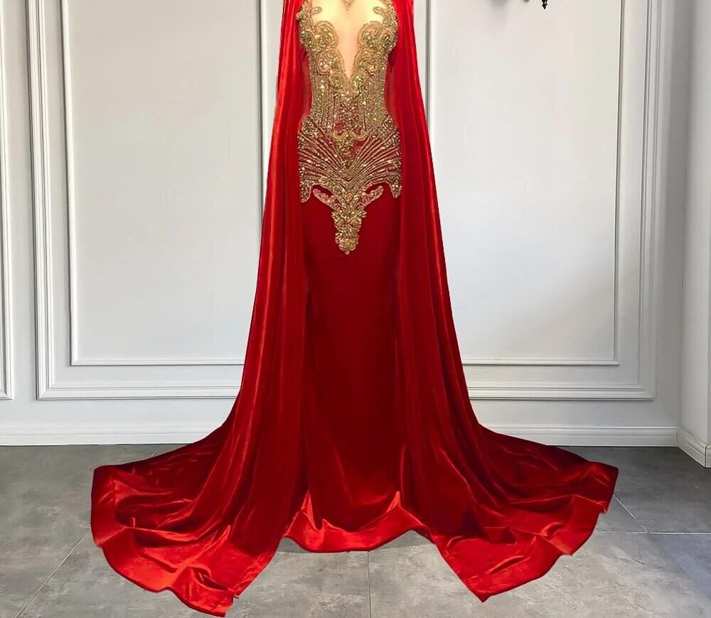 Mermaid Prom Dresses with Red Scoop Neckline and Beadings Cape