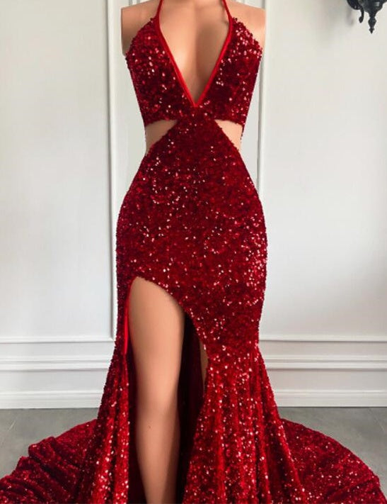ombreprom Red Sequins Prom Dress High Slit Halter