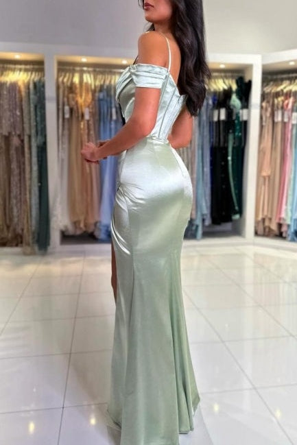 Classic Long Mermaid Gorgeous Spaghetti Straps Off-the-shoulder Satin Prom Dress With Slit