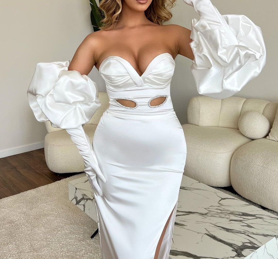 Sweetheart Long White Mermaid Split Front Fashion Prom Dress With Sleeves