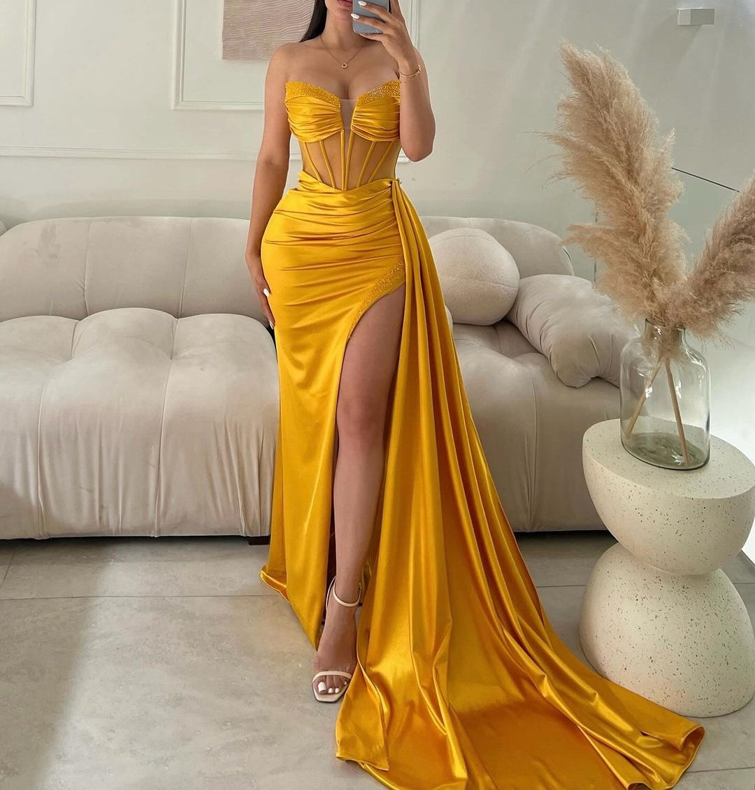 Classic Long Mermaid Sleeveless Glitter Prom Dress With Slit