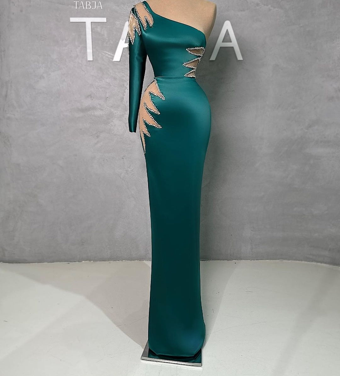 Amazing Floor Length One Shoulder Rhinestones Long Sleeve Prom Dress With Detachable Train